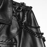Lament Women's Gothic Faux Leather Coat with Chain Detail in Rubberized Knit Fabric, Metal Accessories in Black