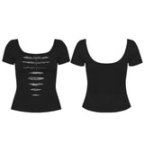 Widow Peak Women's Gothic T-shirt with Cut Outs in Soft Elastic Knit Fabric, Lace in Black