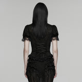 Tenebrae Women's Gothic Blouse with Lace Trim Sleeves in Textured Elastic Lace in Black