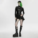 Lament Women's Gothic Faux Leather Coat with Chain Detail in Rubberized Knit Fabric, Metal Accessories in Black