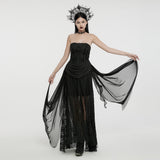 Tartarus Women's Gothic Strapless Embroidered Dress in Black