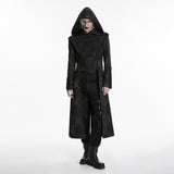 Post Mortem Men's Gothic Hooded Brocade Long Coat in Black