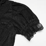 Tenebrae Women's Gothic Blouse with Lace Trim Sleeves in Textured Elastic Lace in Black