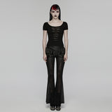 Widow Peak Women's Gothic T-shirt with Cut Outs in Soft Elastic Knit Fabric, Lace in Black