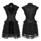 Vesper Women's Gothic Waistcoat with Ruffles in Jacquard Fabric, Lace in Black