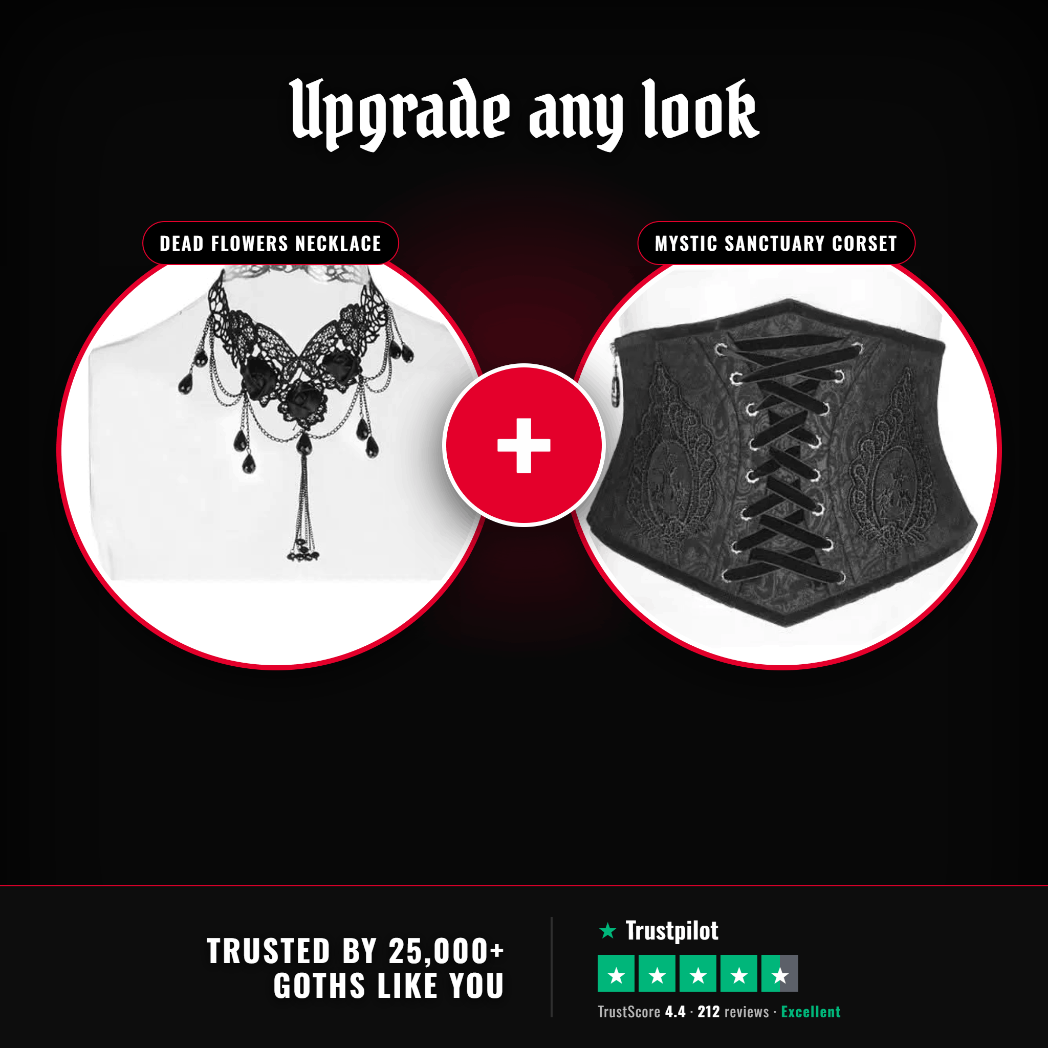 The Countess — all included: Dead Flowers necklace + Mystic Sanctuary corset belt — trusted by 25,000+ goths