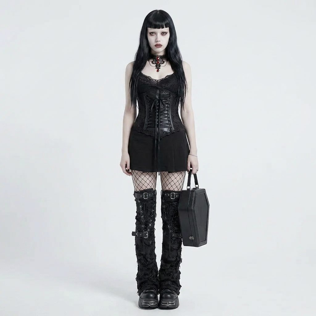 Coven Fledgling Kit — gothic starter pack on model, front view: Abyss corset, Malice leg warmers, Bloody Valentine necklace