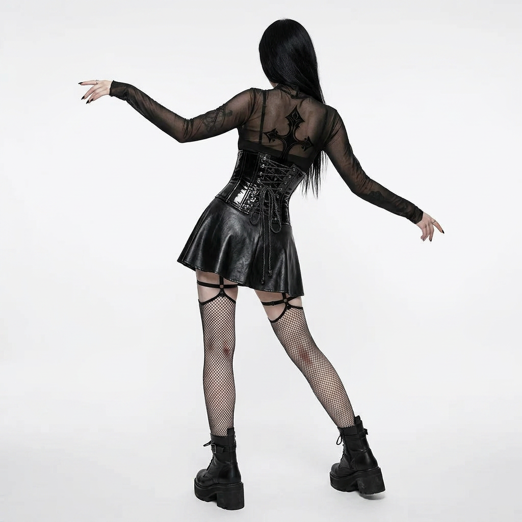 Machine Ritual set on model, back view — corset lacing detail