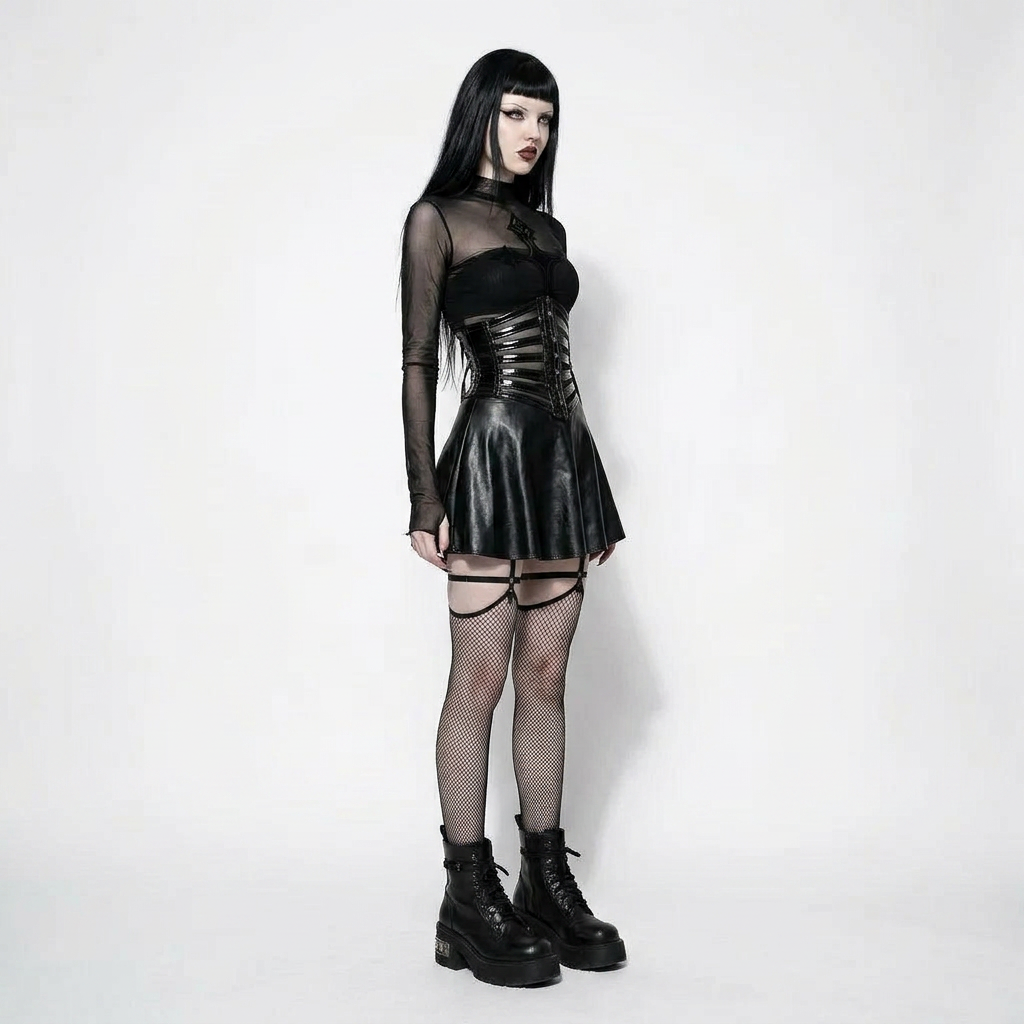 Machine Ritual set on model, side view — glossy PU corset