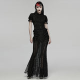 Tenebrae Women's Gothic Blouse with Lace Trim Sleeves in Textured Elastic Lace in Black