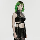 Campanile Women's Punk Faux Leather Lace-Up Crop Top in Black