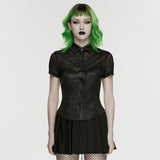 Bone Dirge Women's Gothic Faux Leather Blouse with Mesh Panel Inserts in Black