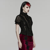 Carmilla Women's Gothic Shirt & Blouse with Ruffled Collar in Tattered Woven Fabric, Lace in Black