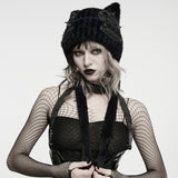 Jacquard Women's Punk Cat Ear Knit Beanie with Spikes in Black