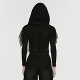 Oleander Women's Gothic Hooded Top with Lace Overlay in Elastic Knit Fabric, Mesh in Black