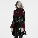 Crocket Women's Gothic Patent Faux Leather Coat with Faux Fur Trim in Black & Red