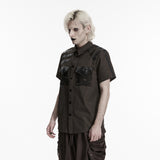 Last Rite Men's Gothic Shirt with Studded Shoulder in Coffee