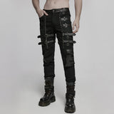 Igitur Men's Punk Buckle Strap Trousers in Black