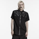 Renfield Men's Gothic Shirt with Faux Leather Yoke in Wrinkled Leatherette, Soft, Comfortable Plaid Fabric in Black