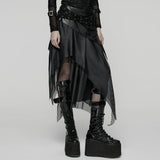 Lyssa Women's Punk Asymmetric Faux Leather Skirt with Mesh in Black