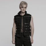 Thanathos Punk Distressed Fishnet Buckle Vest Men's