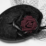 Mourning Star Veil Fascinator Hat in Black & Red