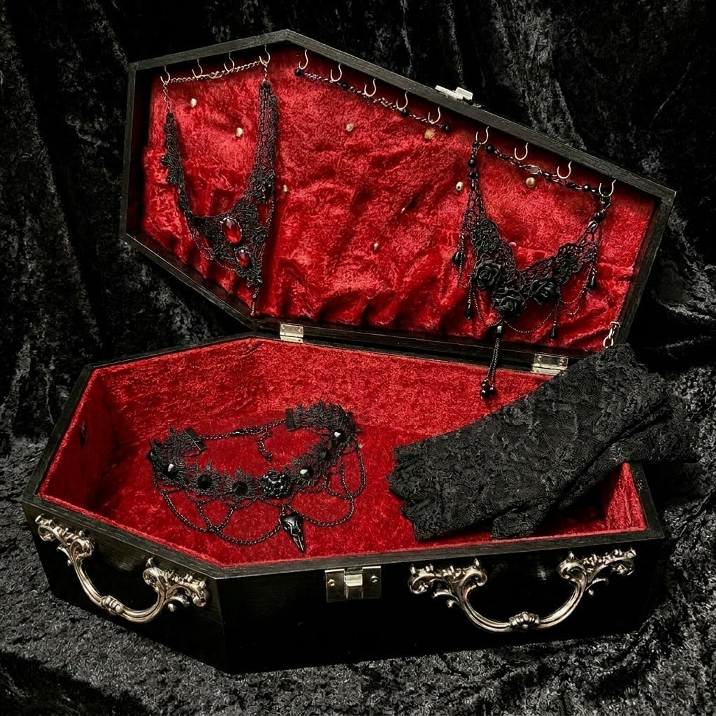 Gothic jewelry set with two black necklaces, red floral choker with bird skull and lace mittens