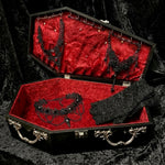 Gothic jewelry set with two black necklaces, red floral choker with bird skull and lace mittens