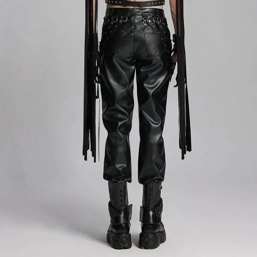 Back view of Mordanthe Trousers, showcasing sleek black faux leather with unique detailing and edgy style.