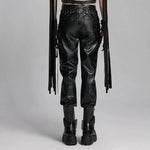 Back view of Mordanthe Trousers, showcasing sleek black faux leather with unique detailing and edgy style.