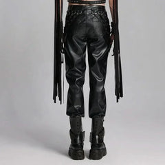 Back view of Mordanthe Trousers, showcasing sleek black faux leather with unique detailing and edgy style.
