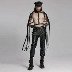 Model wearing Mordanthe Trousers, showcasing a bold, edgy style with harness and leather details.