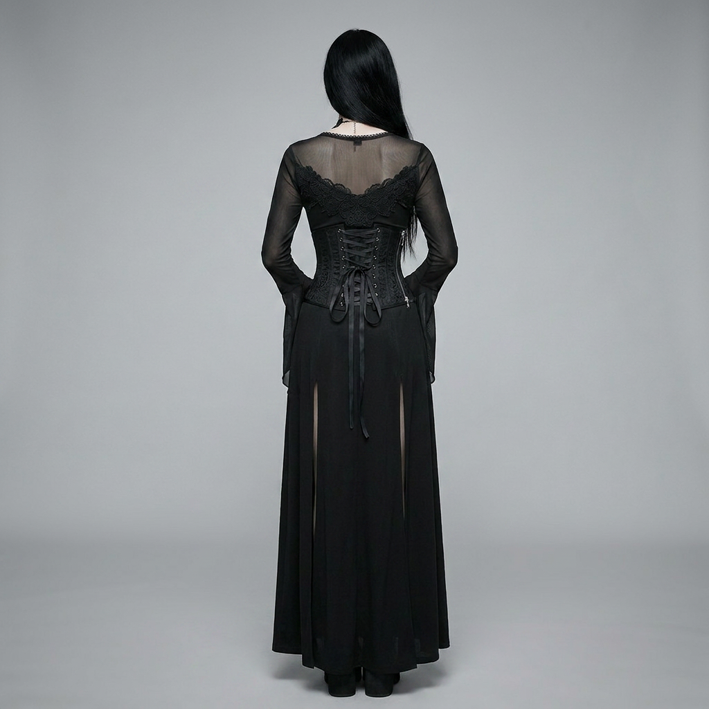 The Countess set on model, back view — lace-up corset belt detail