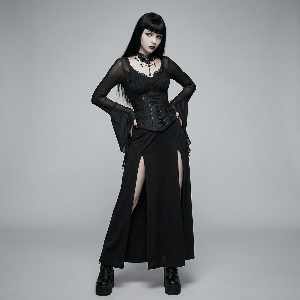 The Countess set — Mystic Sanctuary corset belt and Dead Flowers necklace on model, front view