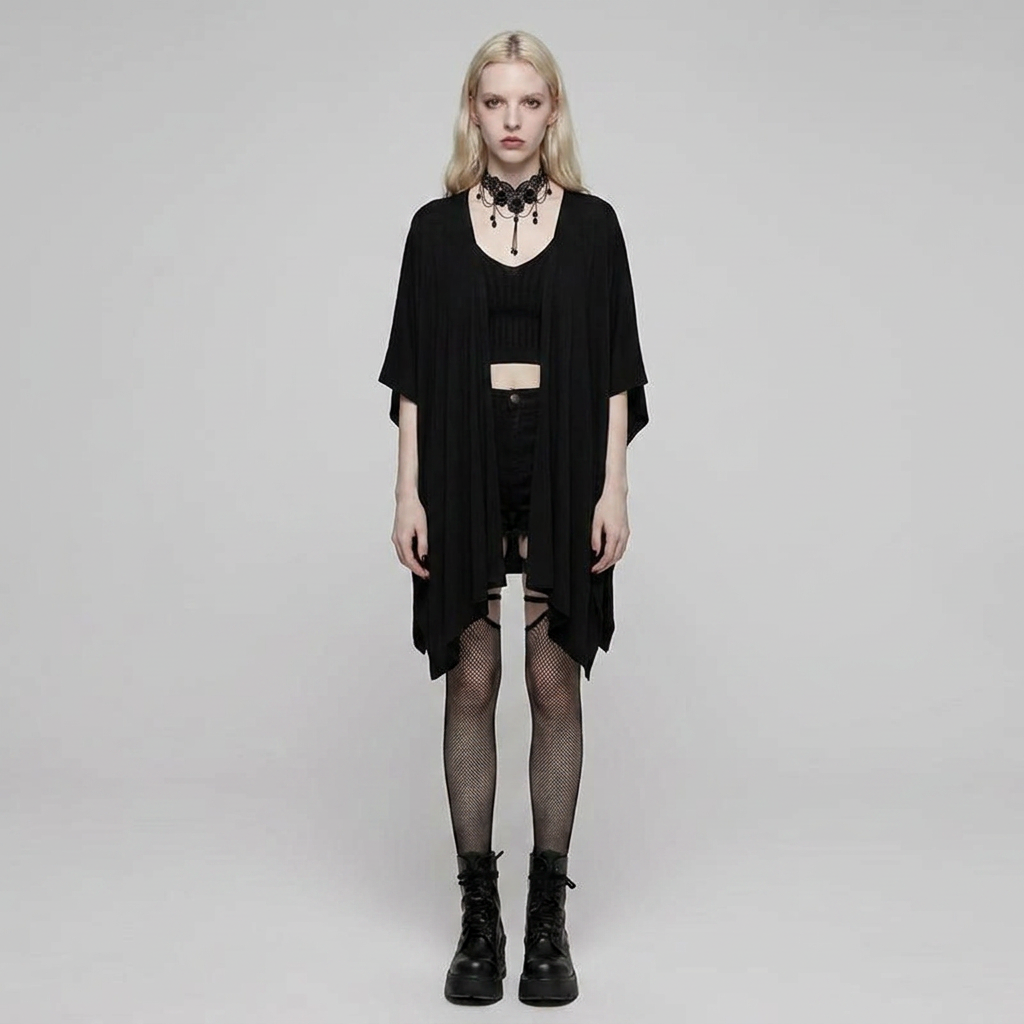 The Shawl Ritual — gothic shawl set on model, front view: Before the Ascension shawl, Dead Flowers necklace, Rebel Yell mesh stockings