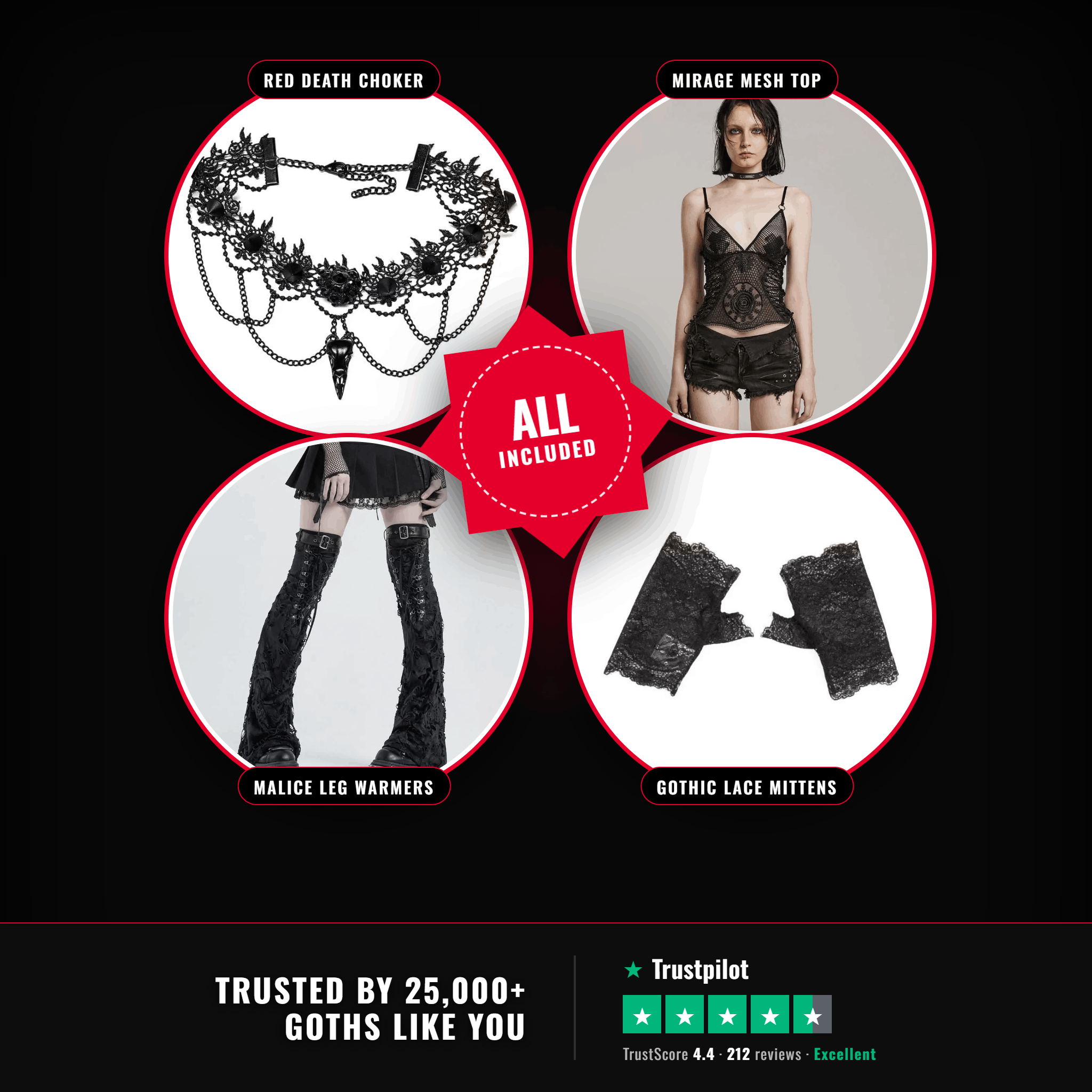 Witching Hour Kit — all included: Red Death choker, Mirage mesh top, Malice leg warmers, gothic lace mittens — trusted by 25,000+ goths