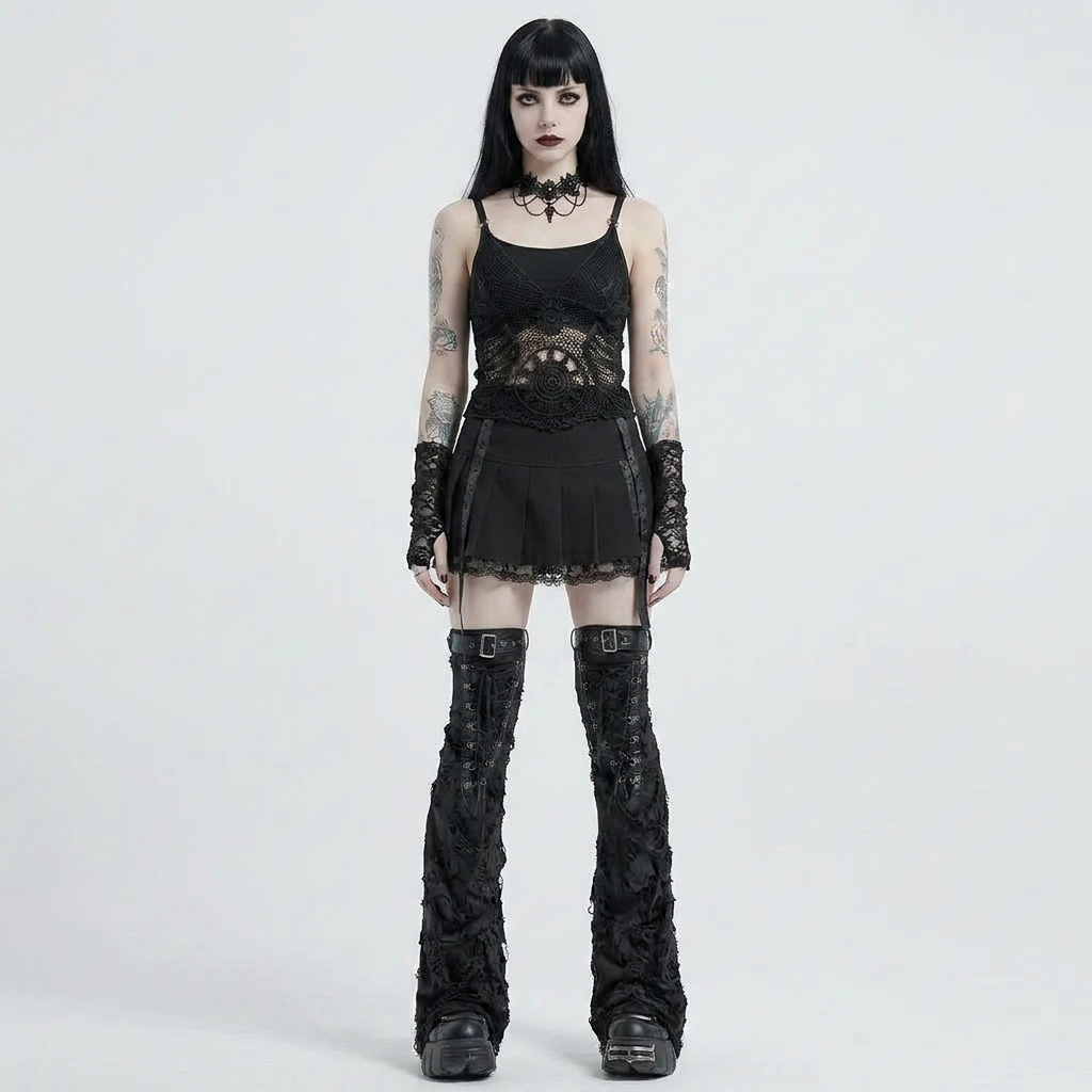 Witching Hour Kit — full gothic look on model, front view: Mirage mesh top, Malice leg warmers, Red Death choker, lace mittens